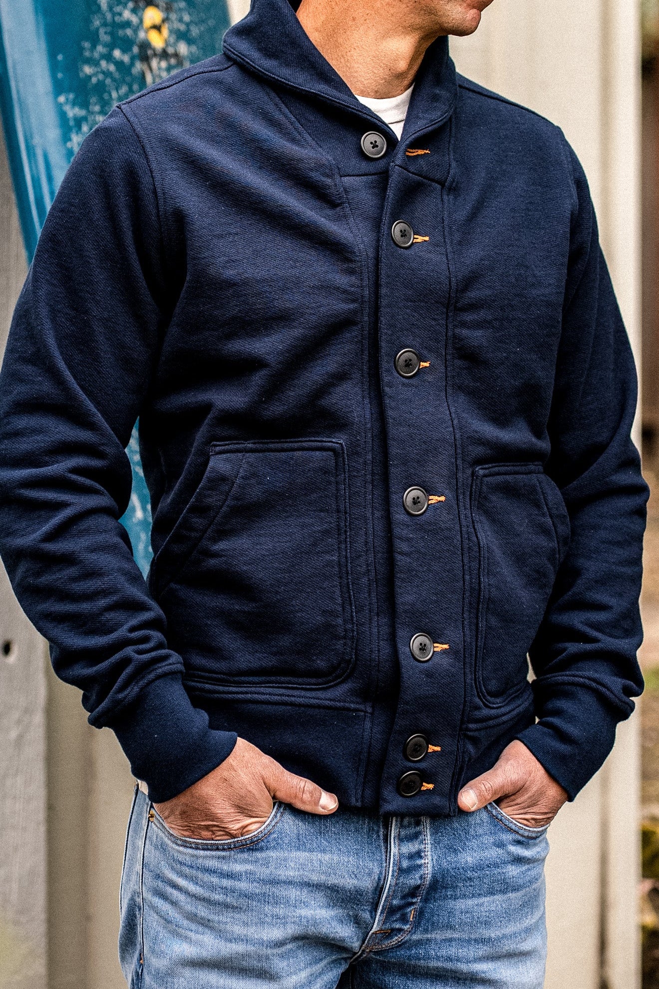 Men's Bodega Shawl Cardigan | 14oz 100% Cotton French Terry - Navy