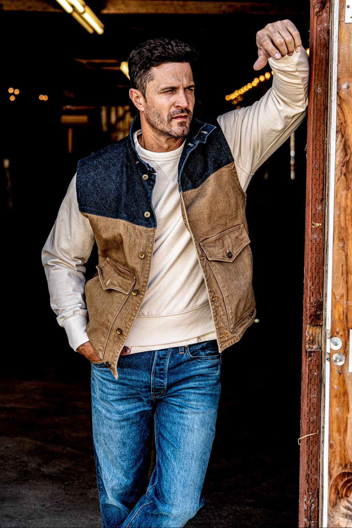 ジャケット・アウター 6 ROKU timemachine crushed denim vest James Vest Wheat | 14oz Broken Twill Denim – WiesMade