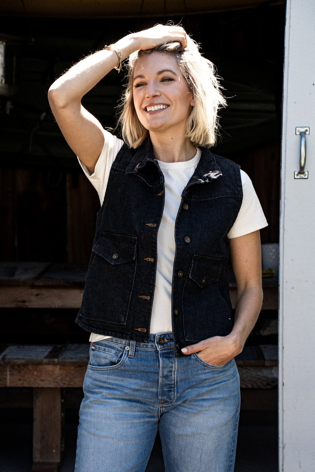 Jamie Vest | Black 14oz Broken Twill Denim