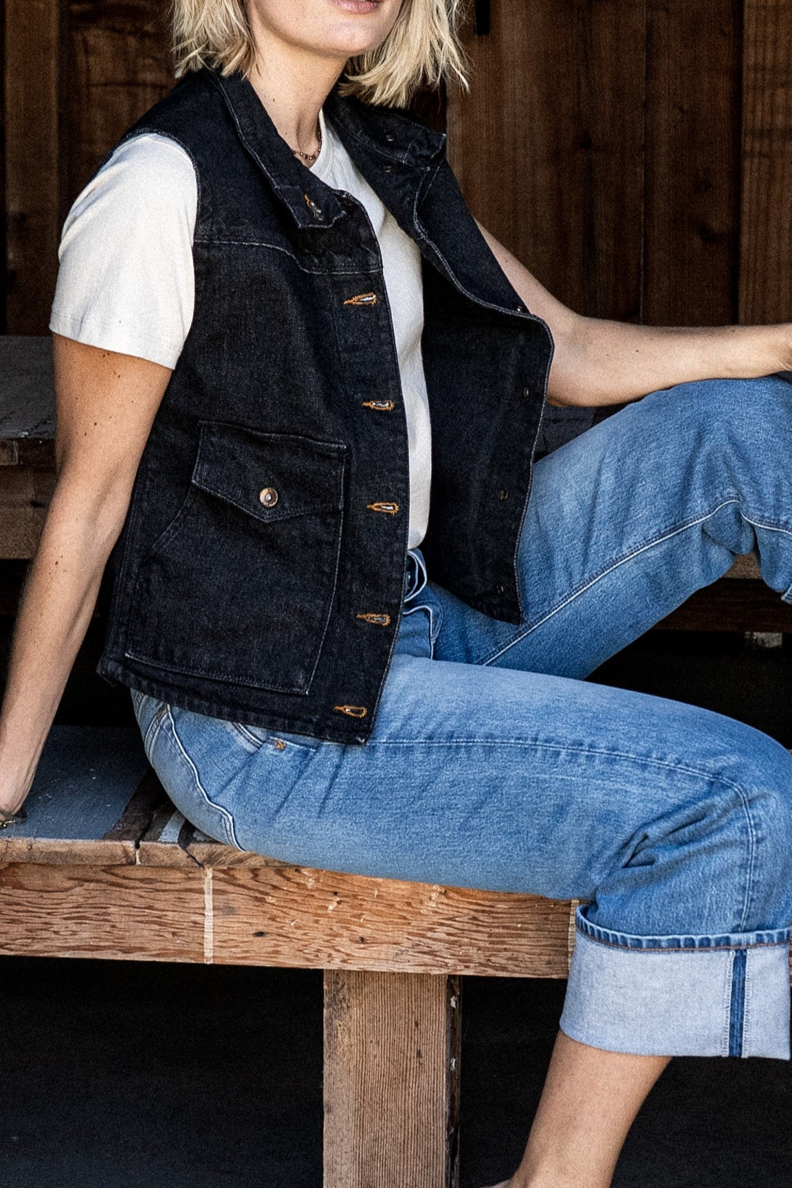 Jamie Vest | Black 14oz Broken Twill Denim