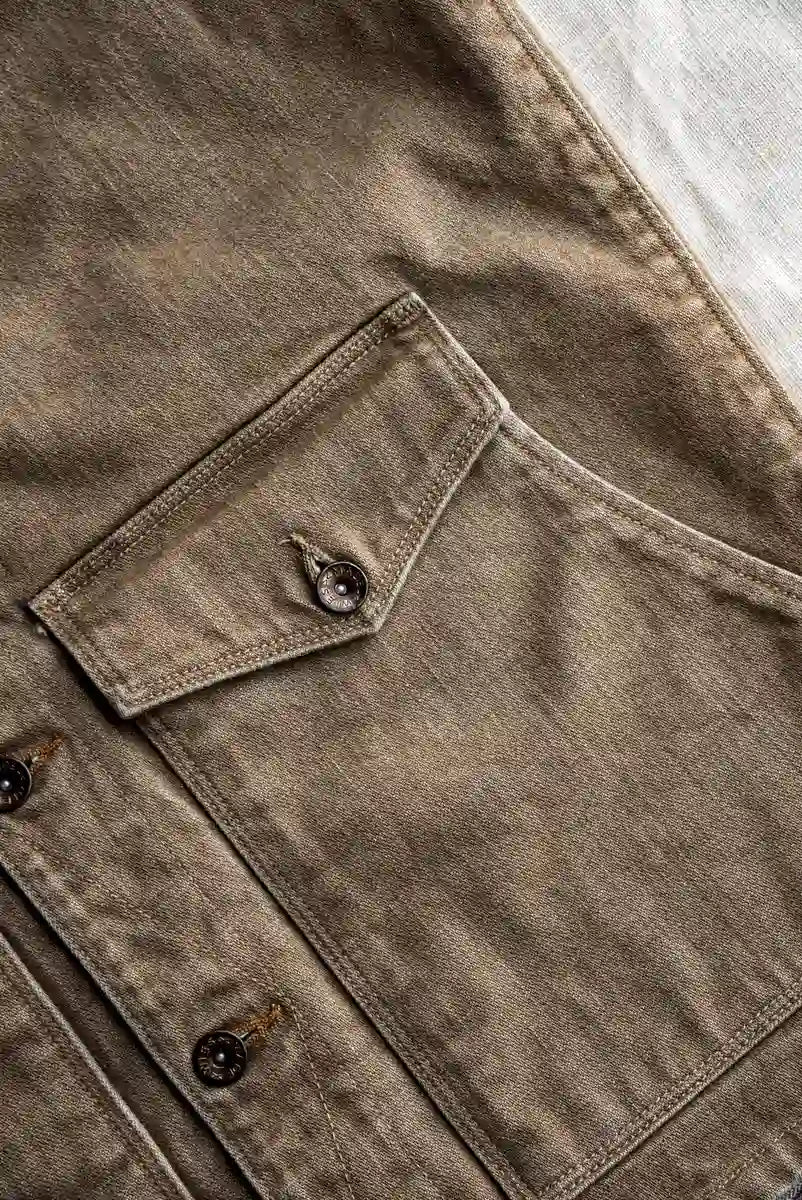Close-up of a brown jacket with button details