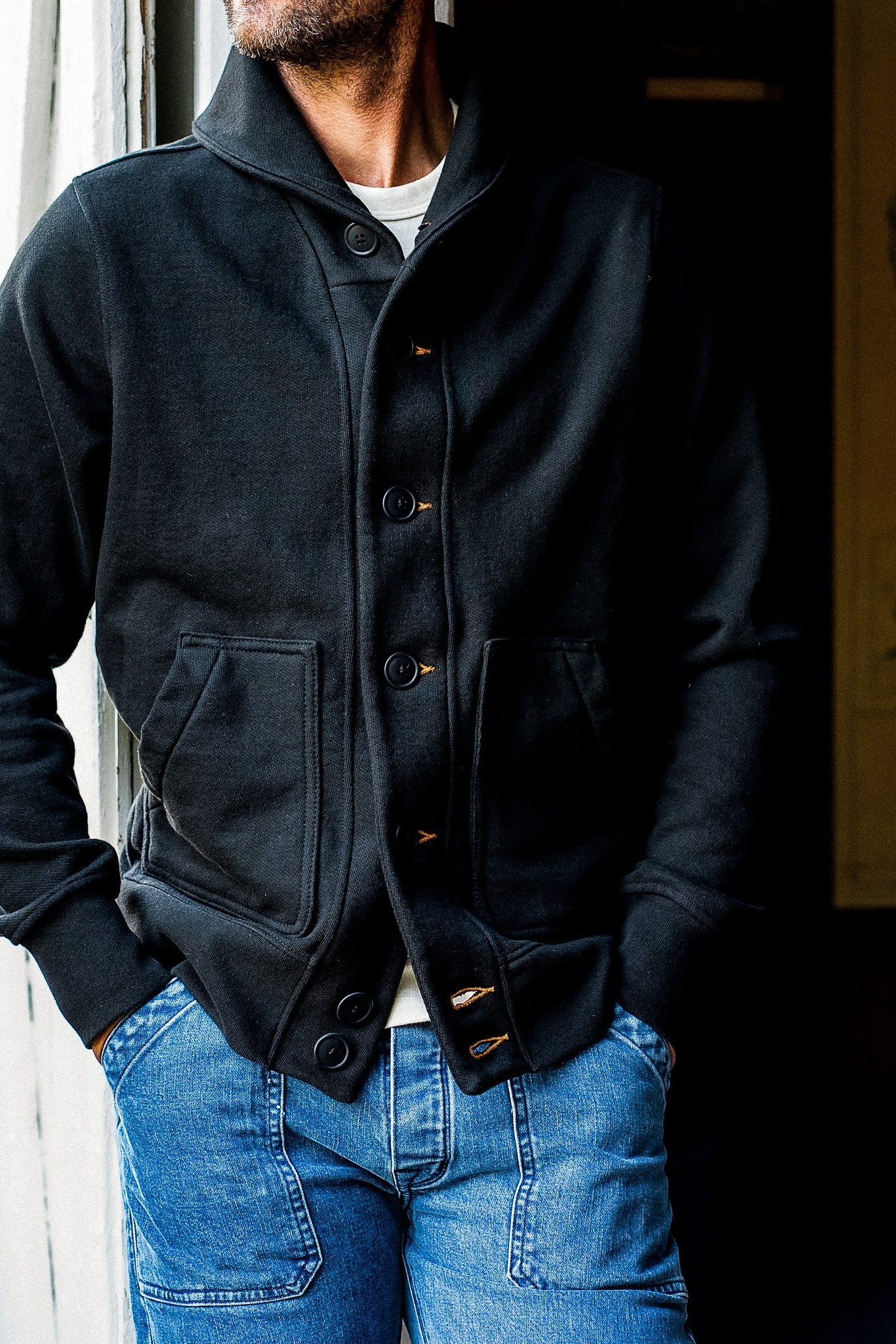 Men | Bodega Cardigan | 14oz 100% Cotton French Terry - Basalt