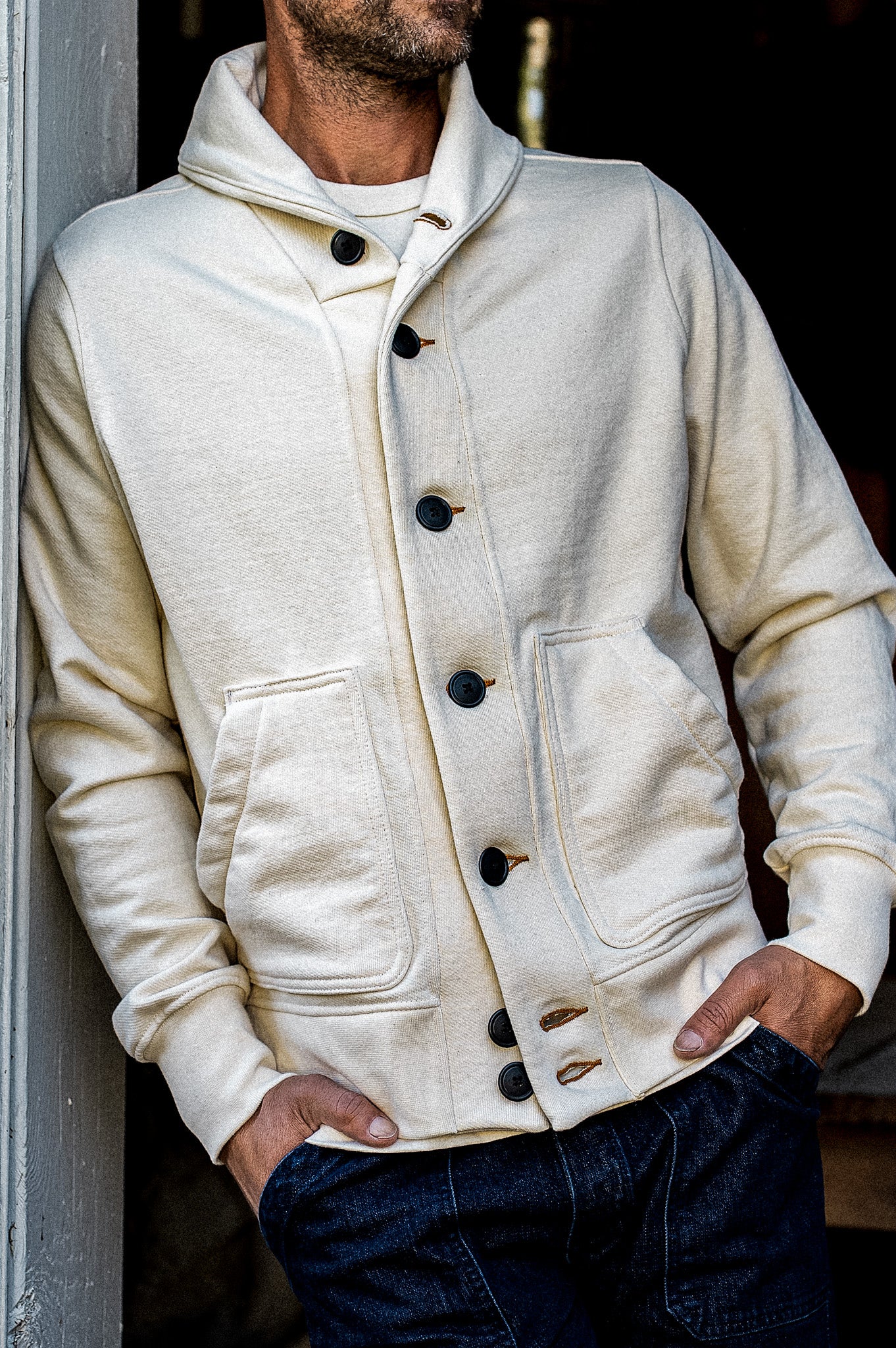 Men | Bodega Cardigan | 14oz 100% Cotton French Terry - Natural