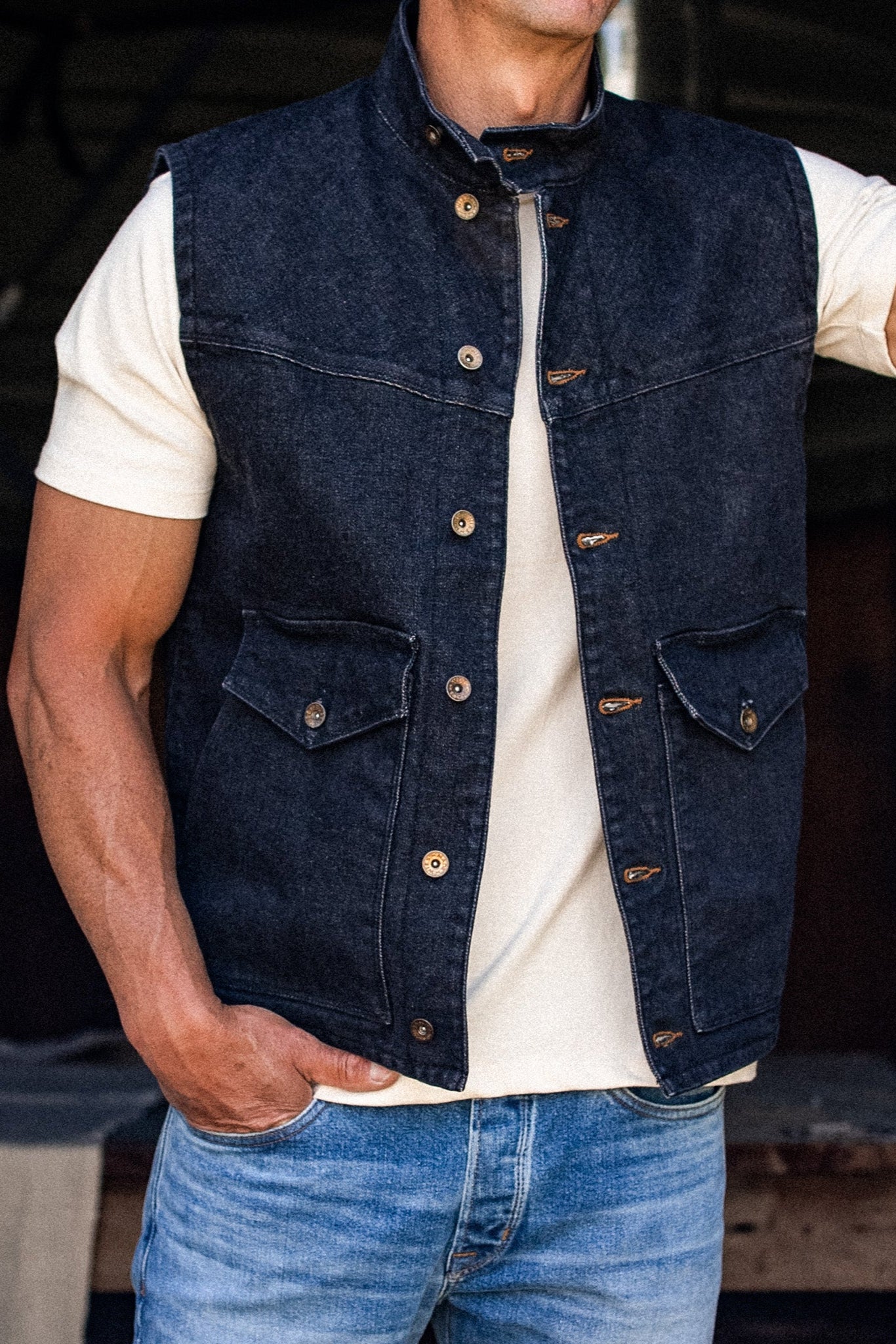 James Vest | Black 14oz Broken Twill Denim