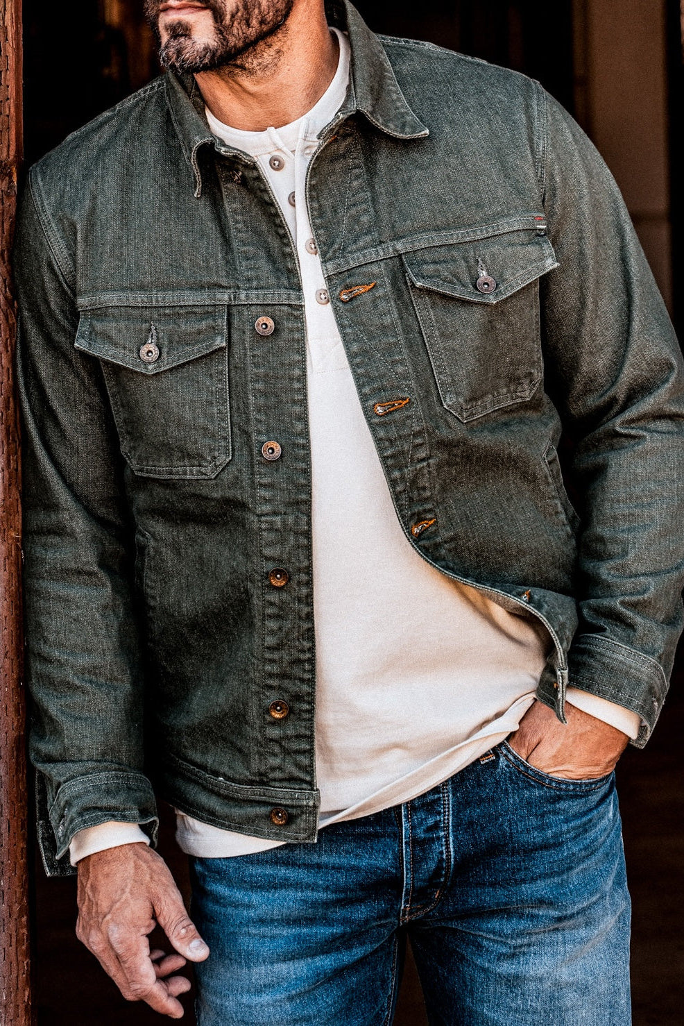 Men | Artcher Jacket | 14oz Broken Twill Denim - Olive