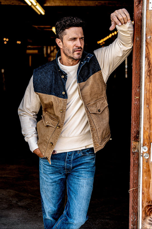 Men | James Vest | 14oz Broken Twill Denim - Wheat