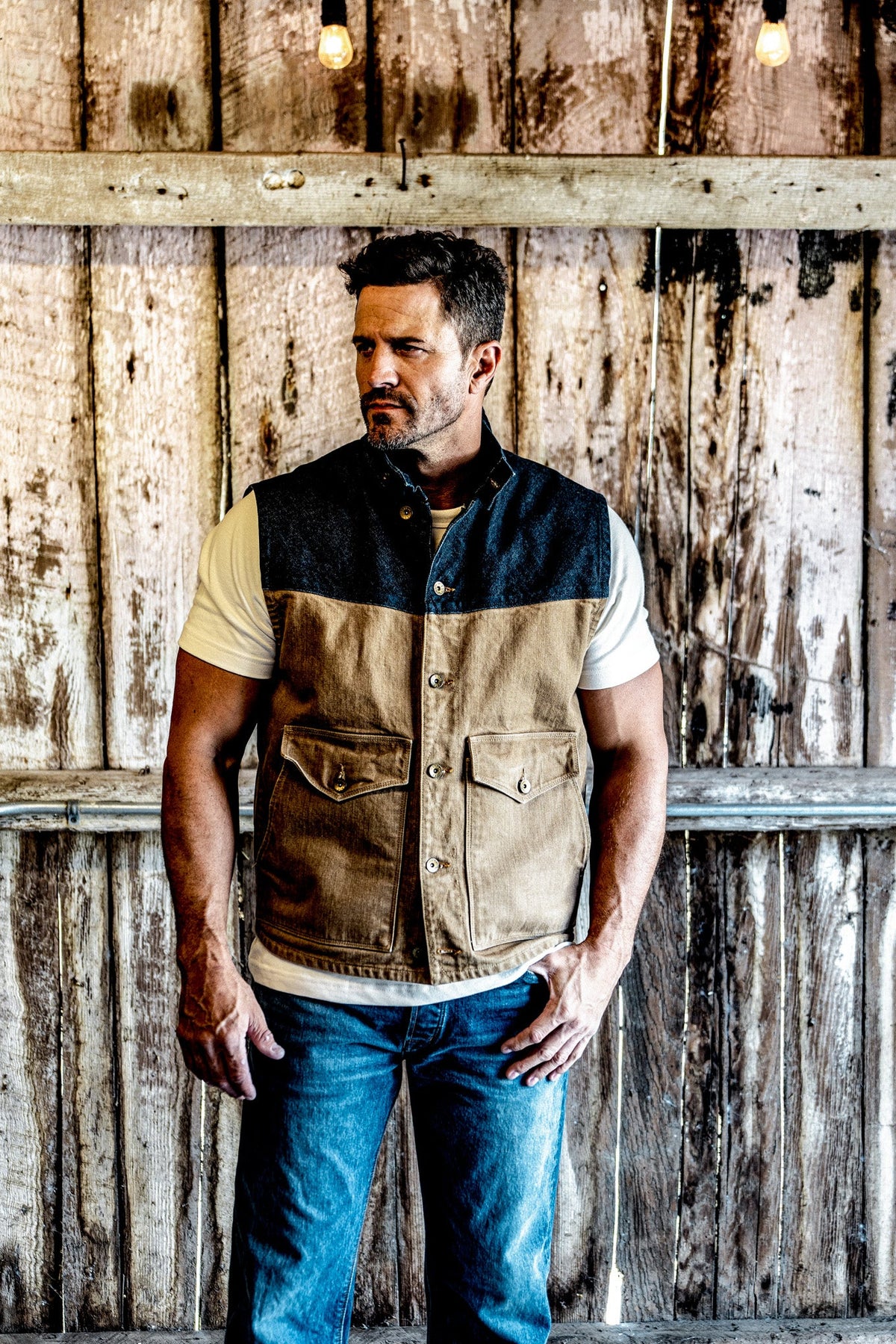Men | James Vest | 14oz Broken Twill Denim - Wheat