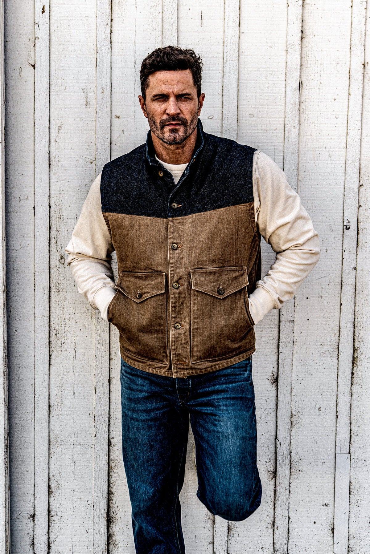 Men | James Vest | 14oz Broken Twill Denim - Wheat