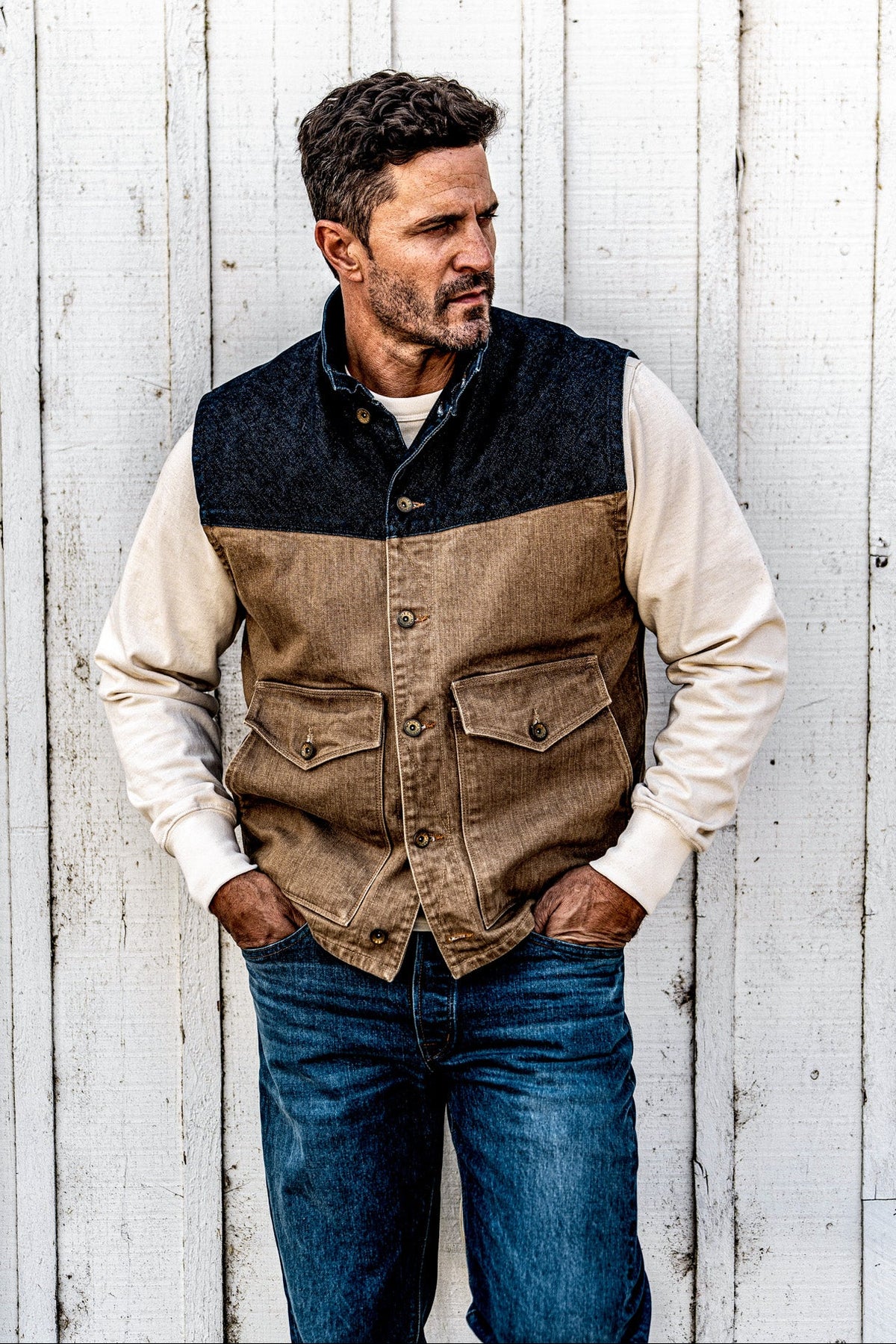 Men | James Vest | 14oz Broken Twill Denim - Wheat