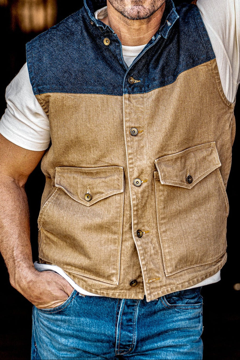 Men | James Vest | 14oz Broken Twill Denim - Wheat