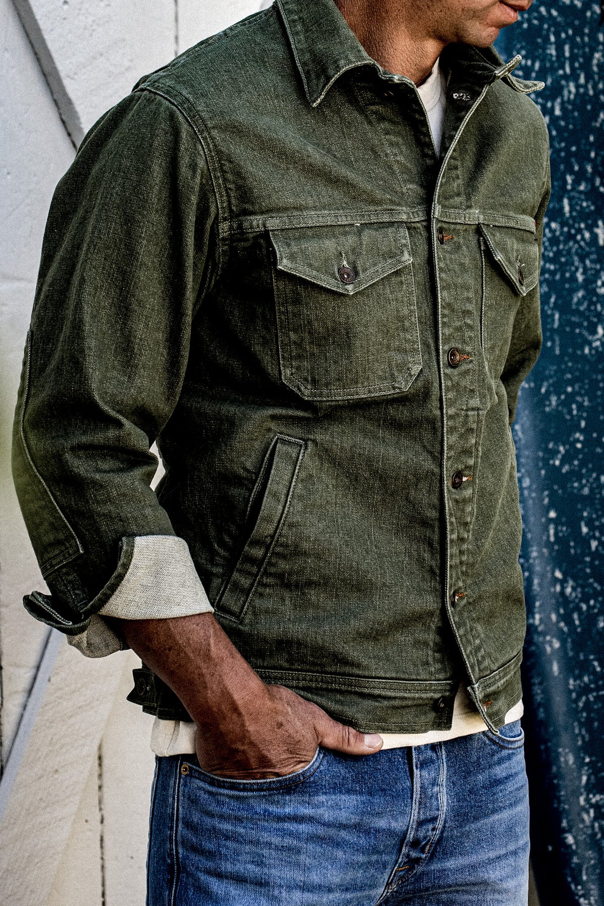 Men | Artcher Jacket | 14oz Broken Twill Denim - Olive