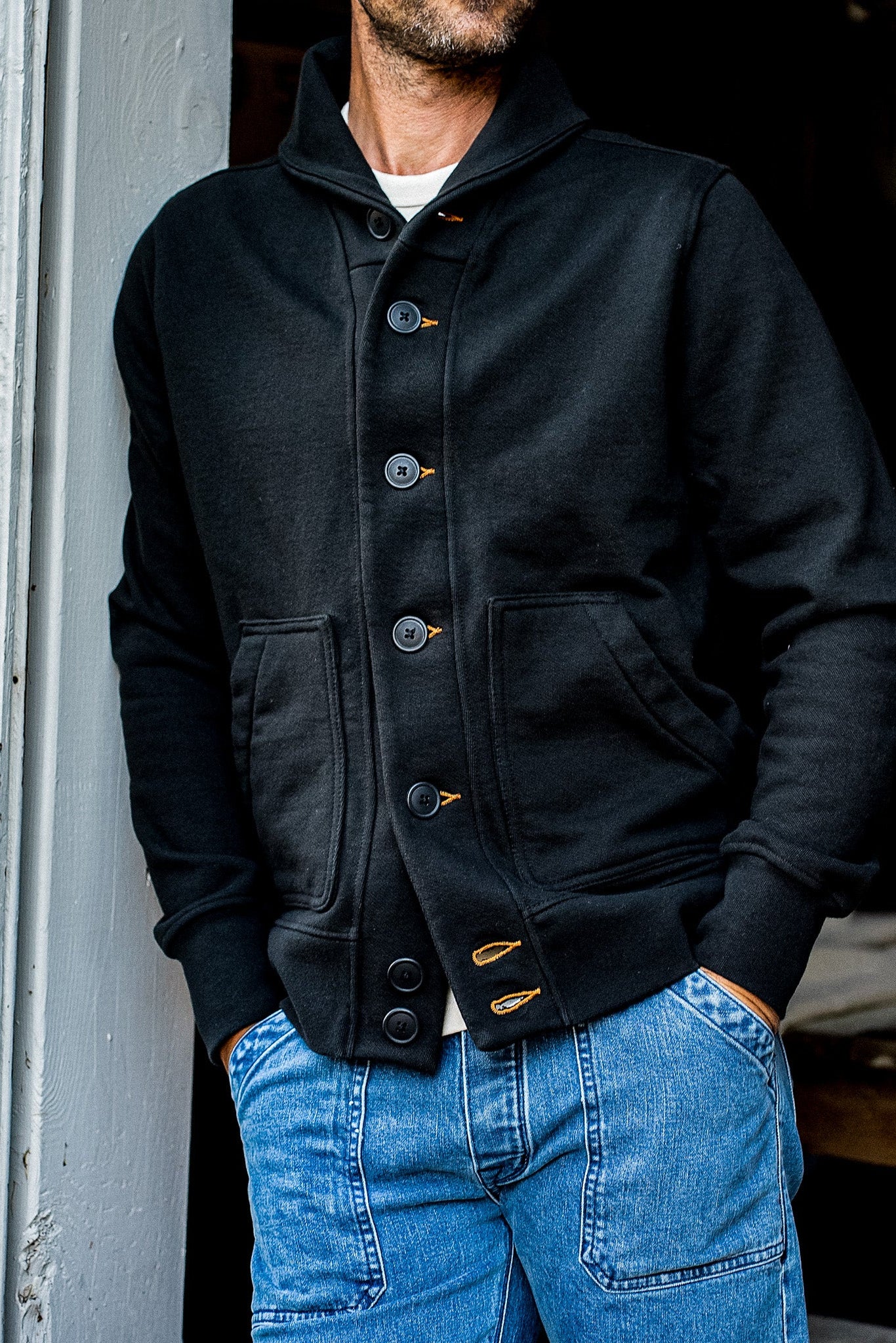 Men's Bodega Shawl Cardigan | 14oz 100% Cotton French Terry- Basalt