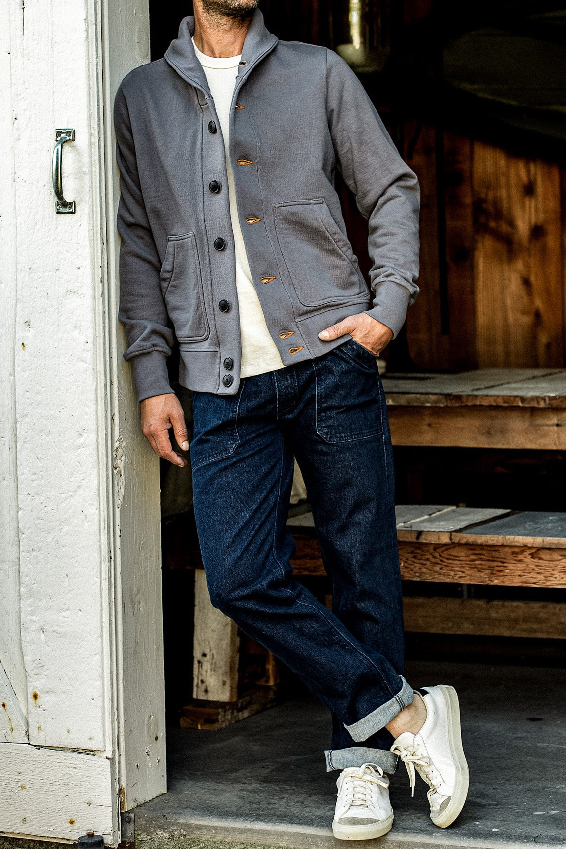 Men's Bodega Shawl Cardigan French Terry - Pebble | WiesMade