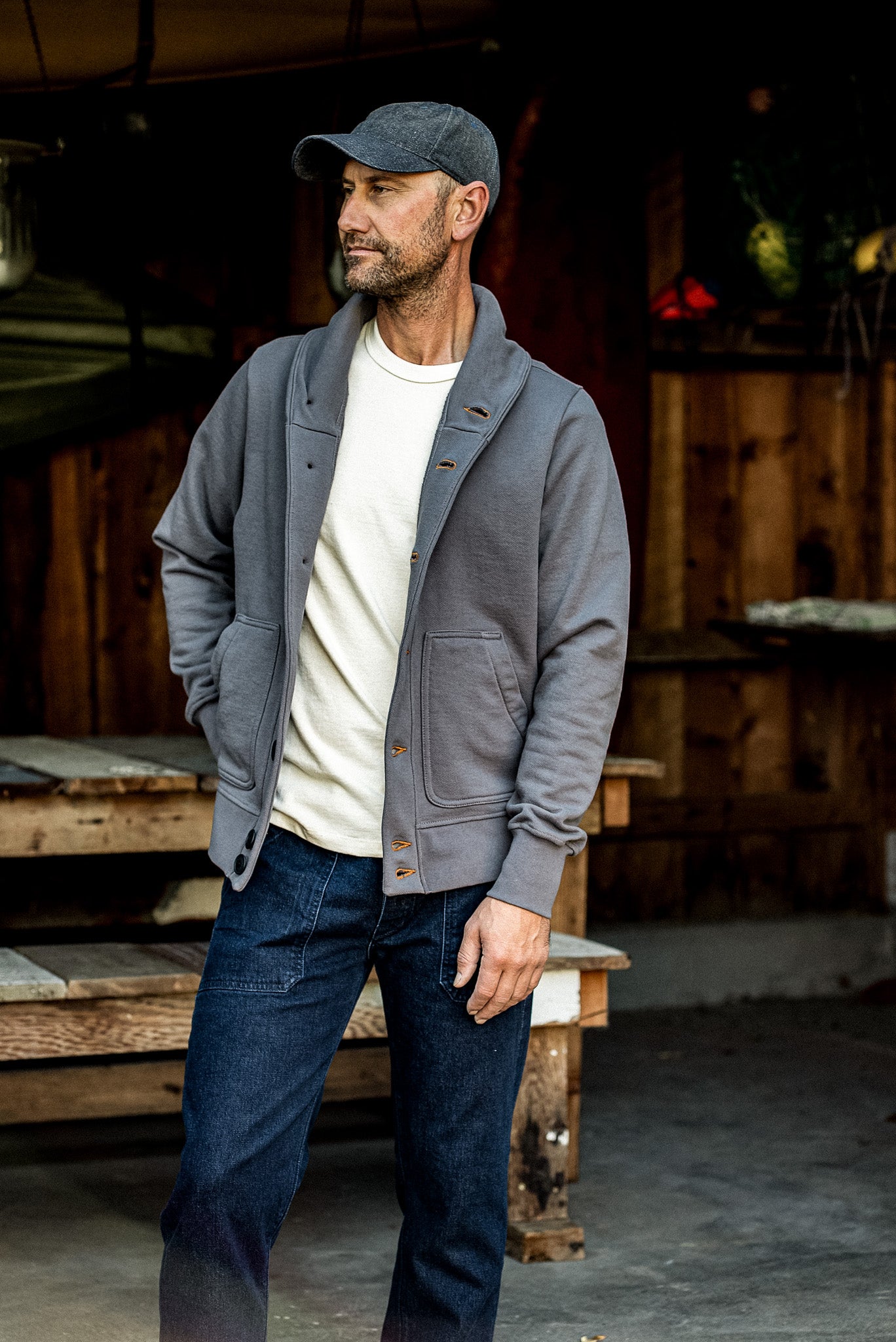 Men's Bodega Shawl Cardigan French Terry - Pebble | WiesMade