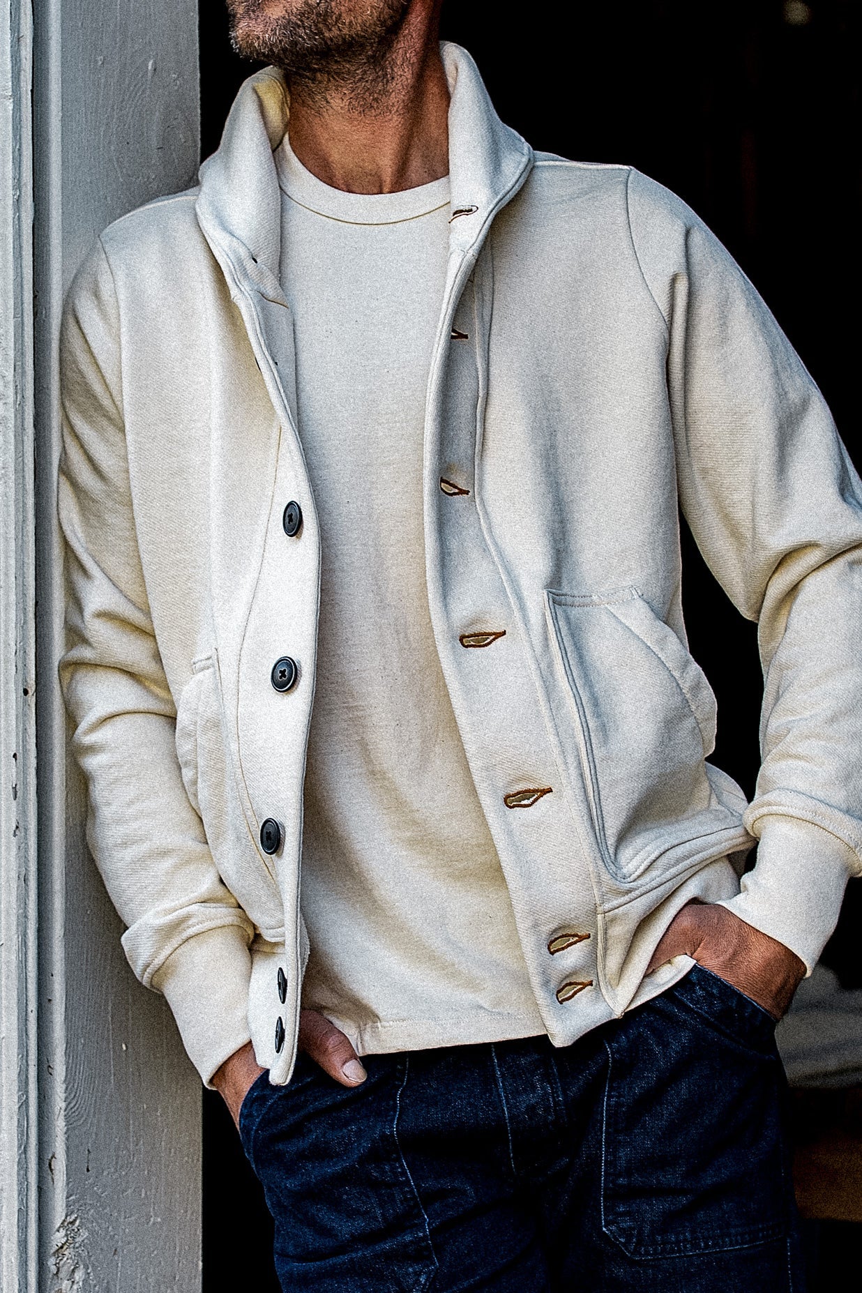 Men's Bodega Shawl Cardigan | 14oz 100% Cotton French Terry - Natural