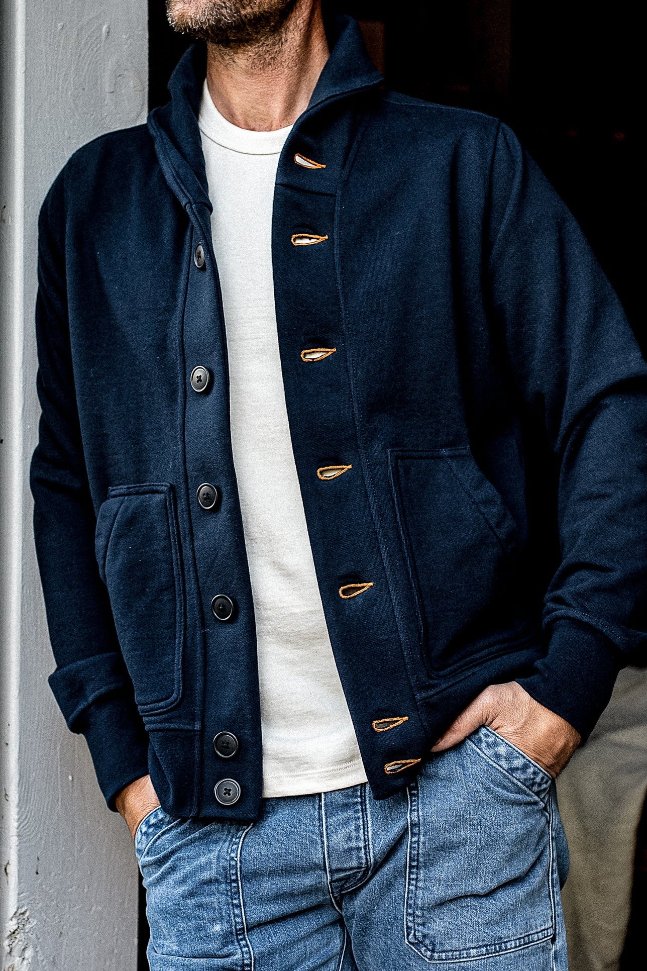 Men's Bodega Shawl Cardigan | 14oz 100% Cotton French Terry - Navy