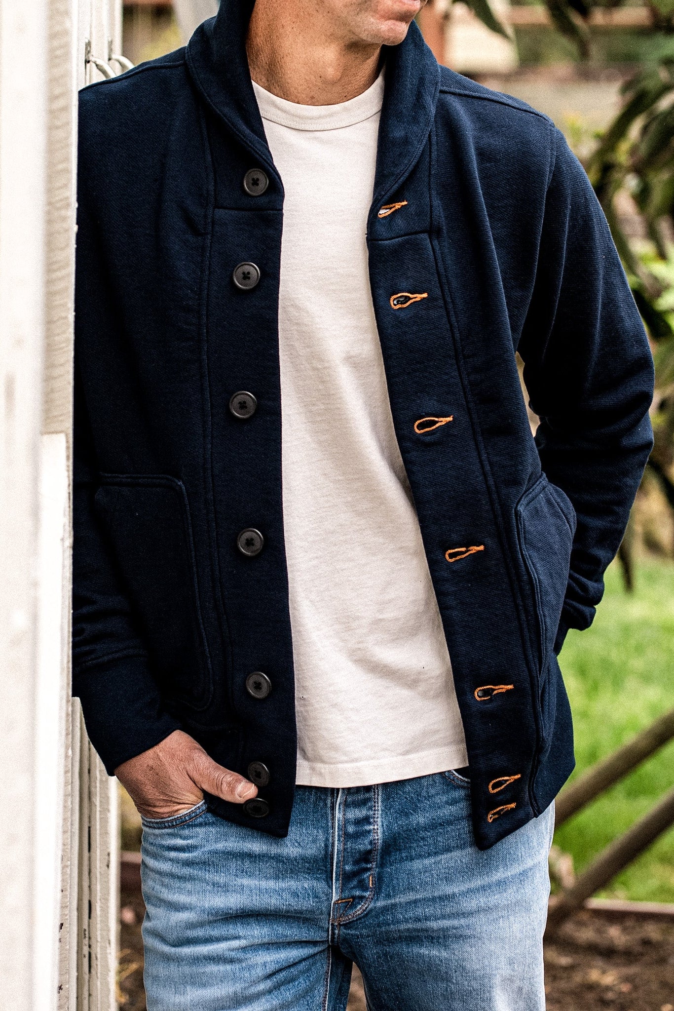 Men's Bodega Shawl Cardigan | 14oz 100% Cotton French Terry - Navy