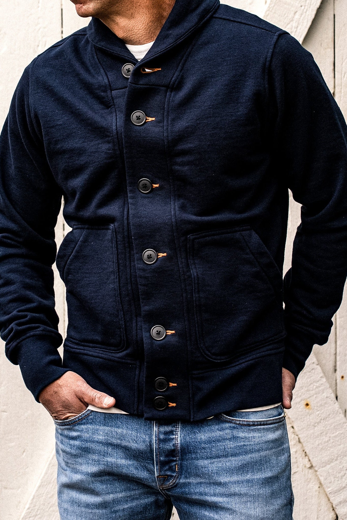 Men's Bodega Shawl Cardigan | 14oz 100% Cotton French Terry - Navy