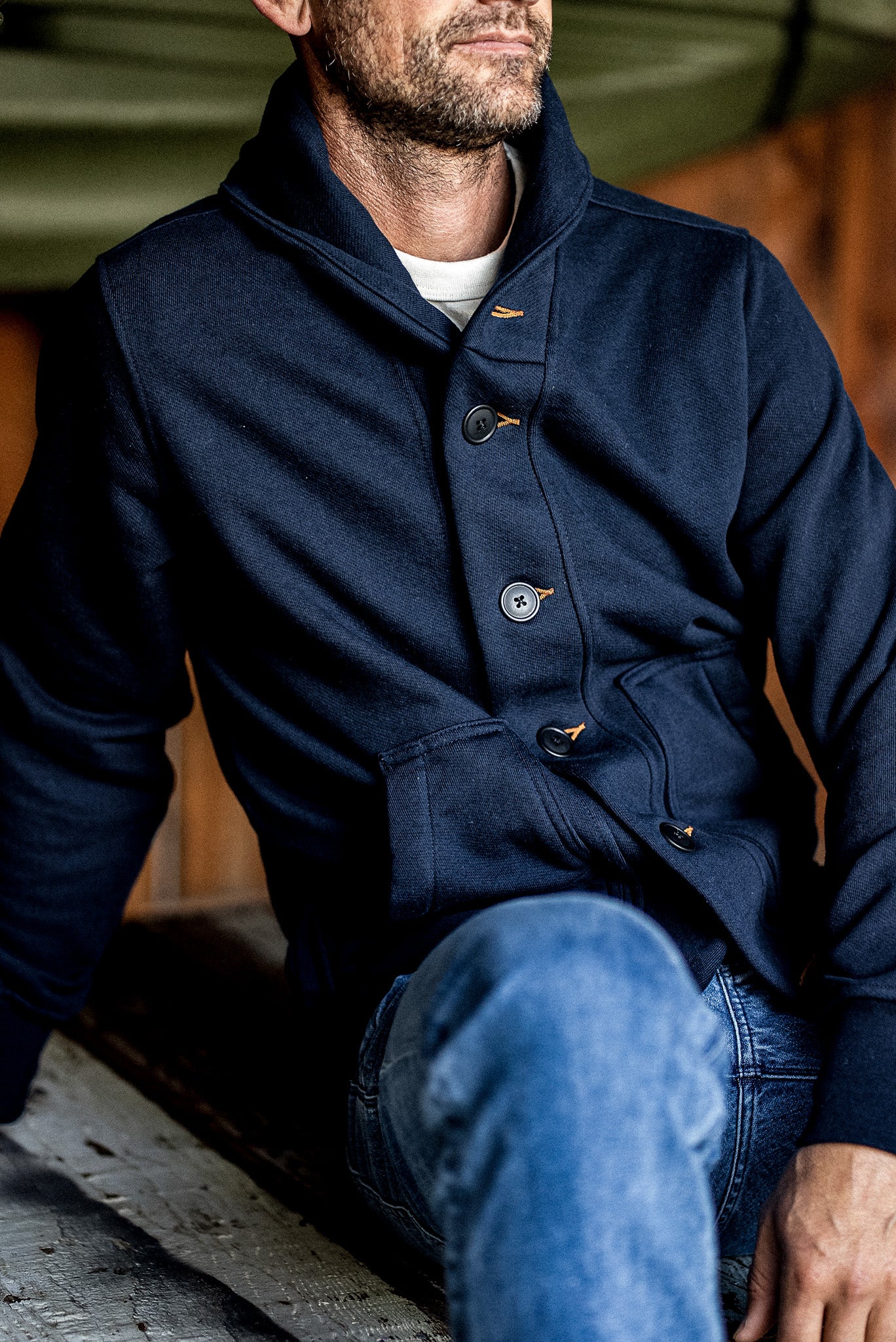 Men's Bodega Shawl Cardigan | 14oz 100% Cotton French Terry - Navy