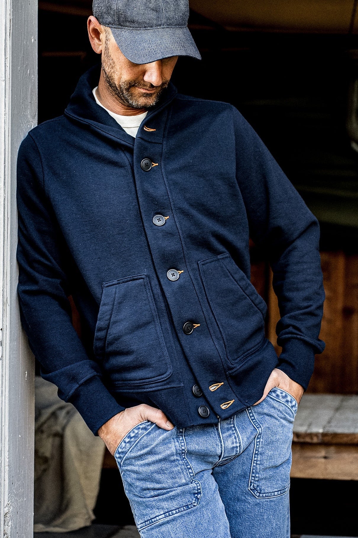 Men's Bodega Shawl Cardigan | 14oz 100% Cotton French Terry - Navy