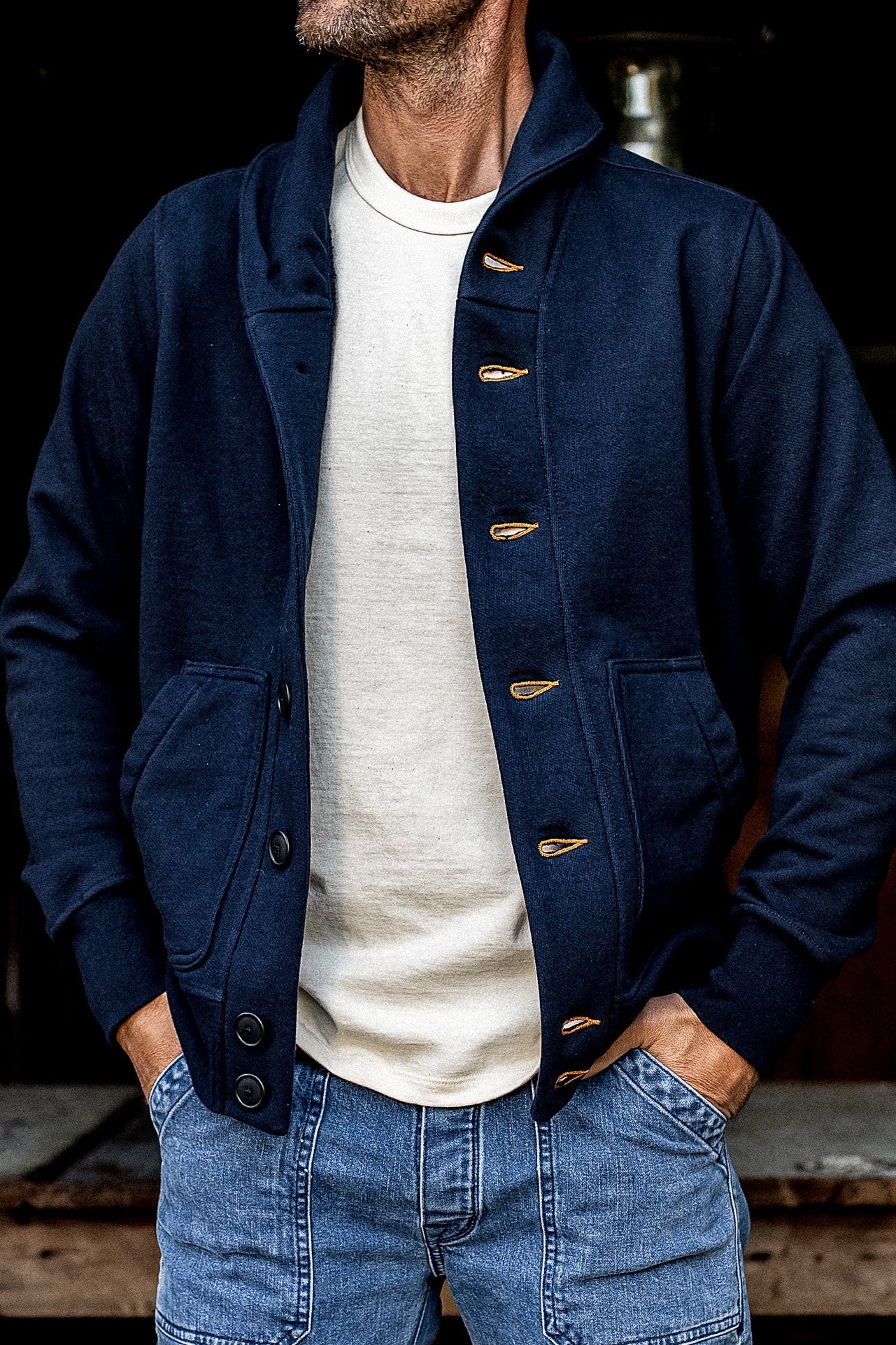 Men's Bodega Shawl Cardigan | 14oz 100% Cotton French Terry - Navy