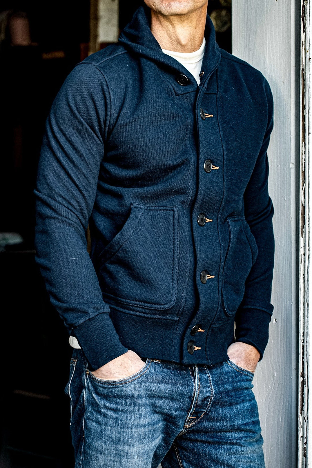 Men's Bodega Shawl Cardigan | 14oz 100% Cotton French Terry - Navy