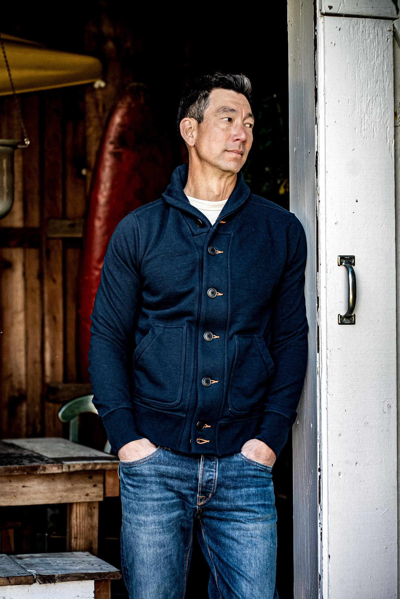 Men's Bodega Shawl Cardigan | 14oz 100% Cotton French Terry - Navy