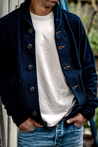 Men's Bodega Shawl Cardigan | 14oz 100% Cotton French Terry - Navy