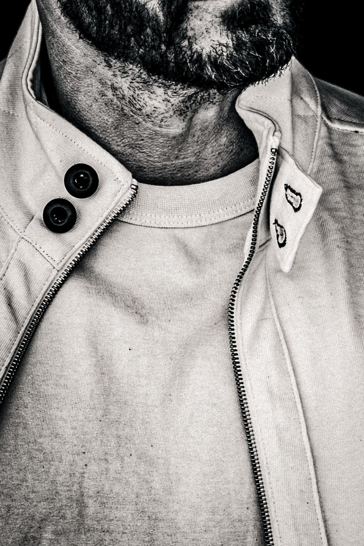 Black and white close-up of the snap collar and zipper on a men's moto jacket
