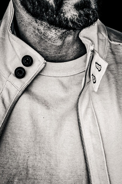 Black and white close-up of the snap collar and zipper on a men's moto jacket